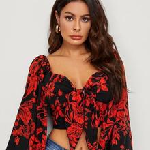 Women's Tie Front Shirred Detail Bishop Sleeve Floral Crop Top