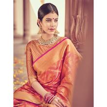 Stylee Lifestyle Full Traditional Jacquard Woven Design With Jacquard Blouse Orange Saree with Magenta Blouse for Wedding, Party and Festival