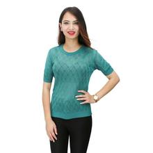 Green Knit Bamboo Fabric Half Sleeves Sheer Top