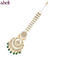 Aheli Gold Plated Wedding Kundan Green Pearl Maang Tikka for Women