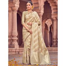 Style Lifestyle Designer Banarasi Beige Saree with Elegant Stripe Design With Jari & Woven Border with Beige Blouse for Wedding, Party and Festival
