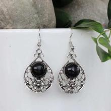 Black Stone Enclosed Floral Dangle Earrings