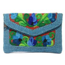 Sky Blue Floral Embroidered Zip Purse For Women