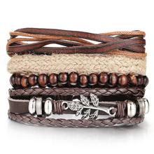 IF ME Wood Bead Male Multilayer Leather Bracelet Men Braided