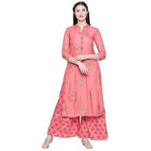 Ishin Women's Pink Rayon A-Line Printed Kurta Palazzo Sets