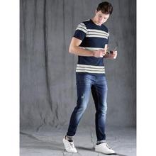 WROGN Men Navy Blue & White Striped Round Neck T-shirt