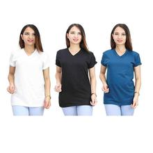 Pack of 3 Cotton V Neck T-shirt For Women - White/Black/Dark Blue