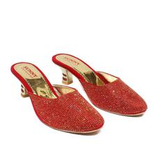 Red Rhinestones Designed Party Heeled Sandals For Women