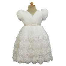 White Floura Designed Netted Party Dress For Girls