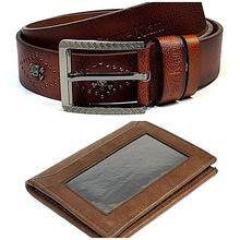 Combo of Skull Studded Belt and Wallet/Bluebook Holder For Men- Brown