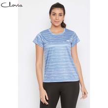 Clovia - Women Comfort Fit Active Striped T-Shirt in Light Blue - Activewear