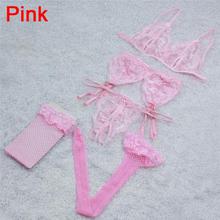 4PCS/set Underwear Women Bra Brief Sets Sexy Lace Open Crotch G-String + Bra + Net Socks + Sling Lingerie Set Cueca