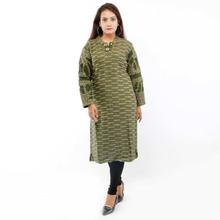 Army Green Front Buttoned Full Sleeved Woolen Kurti For Women - Kundan