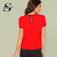 Sheinside Red Knot Front Contrast Top Women Round Neck Short