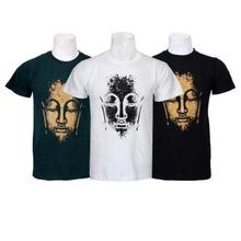 Pack Of 3 Buddha Printed 100% Cotton T-Shirt For Men-Green/White/Black