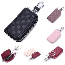 Unisex Genuine Square Stripe Leather Keychain Key Holder Bag Zippered Key Case