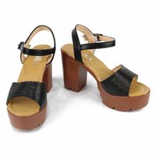 Black Laser Cut Ankle Strap Block Heel Shoes For Women