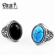 BEIER 2018 Natural Oval Opal Green Stone Ring Stainless