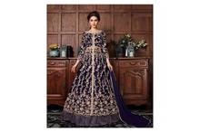 Navy Blue Embroidered Semi-Stitched Anarkali Gown & Shawl Set For Women