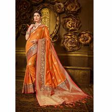 Orange Kanjivaram Banarasi Silk Saree with Blouse Piece for Party, Wedding, Festival and Causal