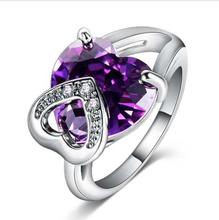 Platinum Plated Double Heart Purple Cz Cocktail Ring