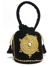 Black Floral Embroidered Velvet Hand Pouch For Women
