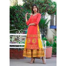 Red Double Layer Kurti with Yellow Attached Skirt For Women