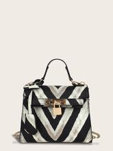 Metal Lock Decor Striped Satchel Chain Bag