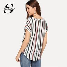 Sheinside V Neck Curved Hem Striped Top Female Short