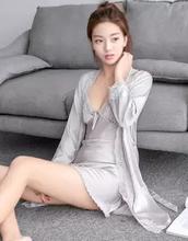 Grey Plain Satin Lace Decor Robe & Nightwear For Women