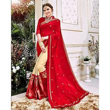 Beige/Red Embroidered Fancy Saree With Blouse For Women - 9708