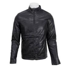 Black Solid Zippered Leather Jacket