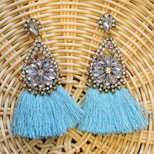 Sky Blue Stone Fastening Tassel Earrings