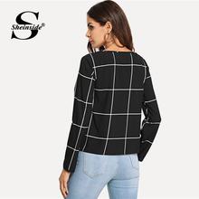 Sheinside Button Front V-Neck Plaid Top Women Blouse Black