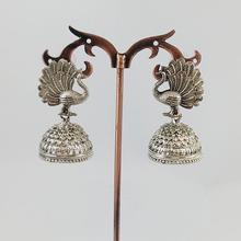 Silver Toned Peacock Designed Pinjada Jhumki Earrings