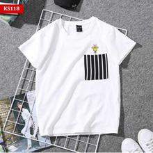 Summer Round Neck Loose Short-sleeved Embroidery Striped Pocket T-shirt