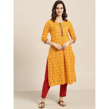 Women Mustard Yellow & Maroon Printed Straight Kurta