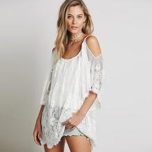 Women Beach Dress Sexy Strap Sheer Floral Lace Embroidered