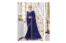 Embroidered Saree With Unstitched Blouse For Women- (Navy Blue)