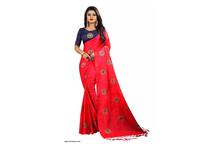 Embroidered Saree With Unstitched Blouse For Women-Red
