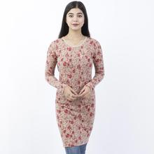 Cream/Red Floral Printed Mix Cashmere One Piece Dress For Women