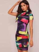 SHEIN Mock-neck Brush Stroke Print Bodycon Dress