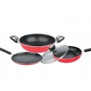 Gift Set Fry Pan 24 cm, Kadhai 24 cm, Dosa Tawa 28 cm, Lid