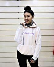 Melange White Velvet Hoodie With Attached Hineck
