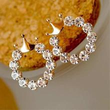 Shining Crystal Round Circle Gold Crown Stud Earrings