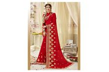 Georgette Embroidery Work Saree with Unstitched Blouse For Women-Red