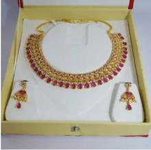 White/Red Stone Embellished Gold Plated Necklace and Earrings Jewelry Set For Women