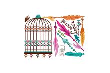 Bird Cage With Colorful Feather Wall Sticker