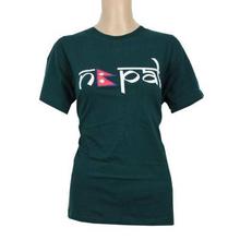 Round Neck Nepal Printed 100% Cotton T-Shirt For Women- Dark Green - 02