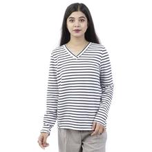 White/Black Striped V-Neck T-Shirt For Women